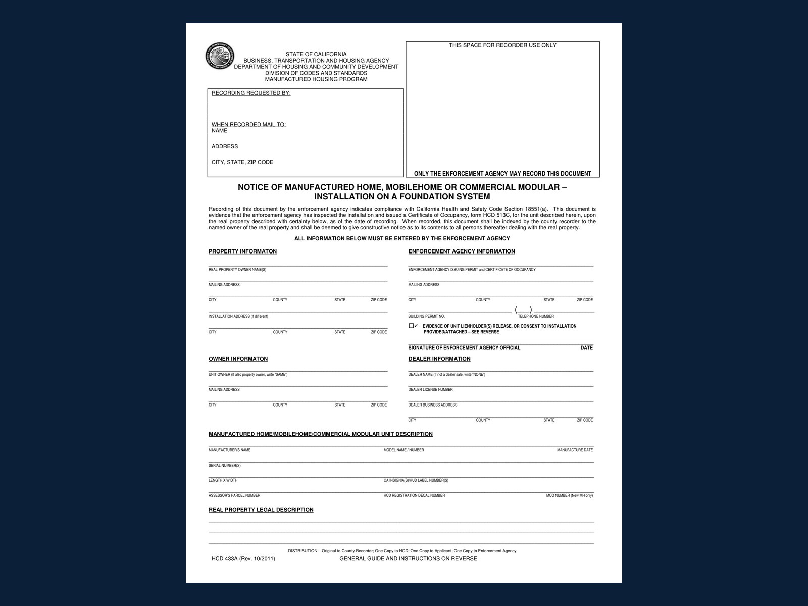 California HCD Form 433A — Notice of Manufactured Home Installation on a Foundation System
