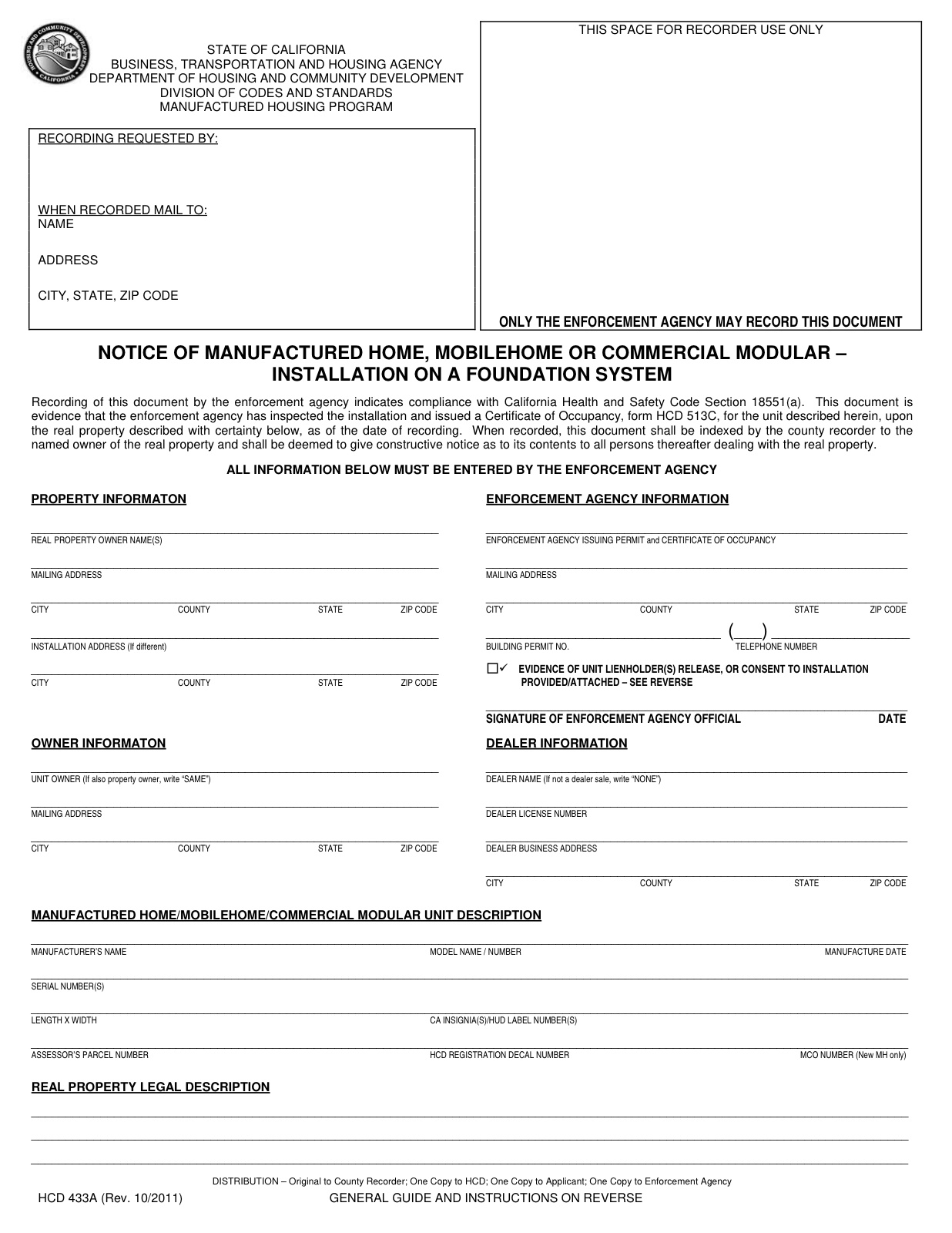 Preview of California HCD Form 433A permanent foundation document