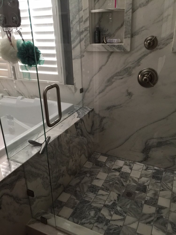 Completed shower installation in a mobile home bathroom