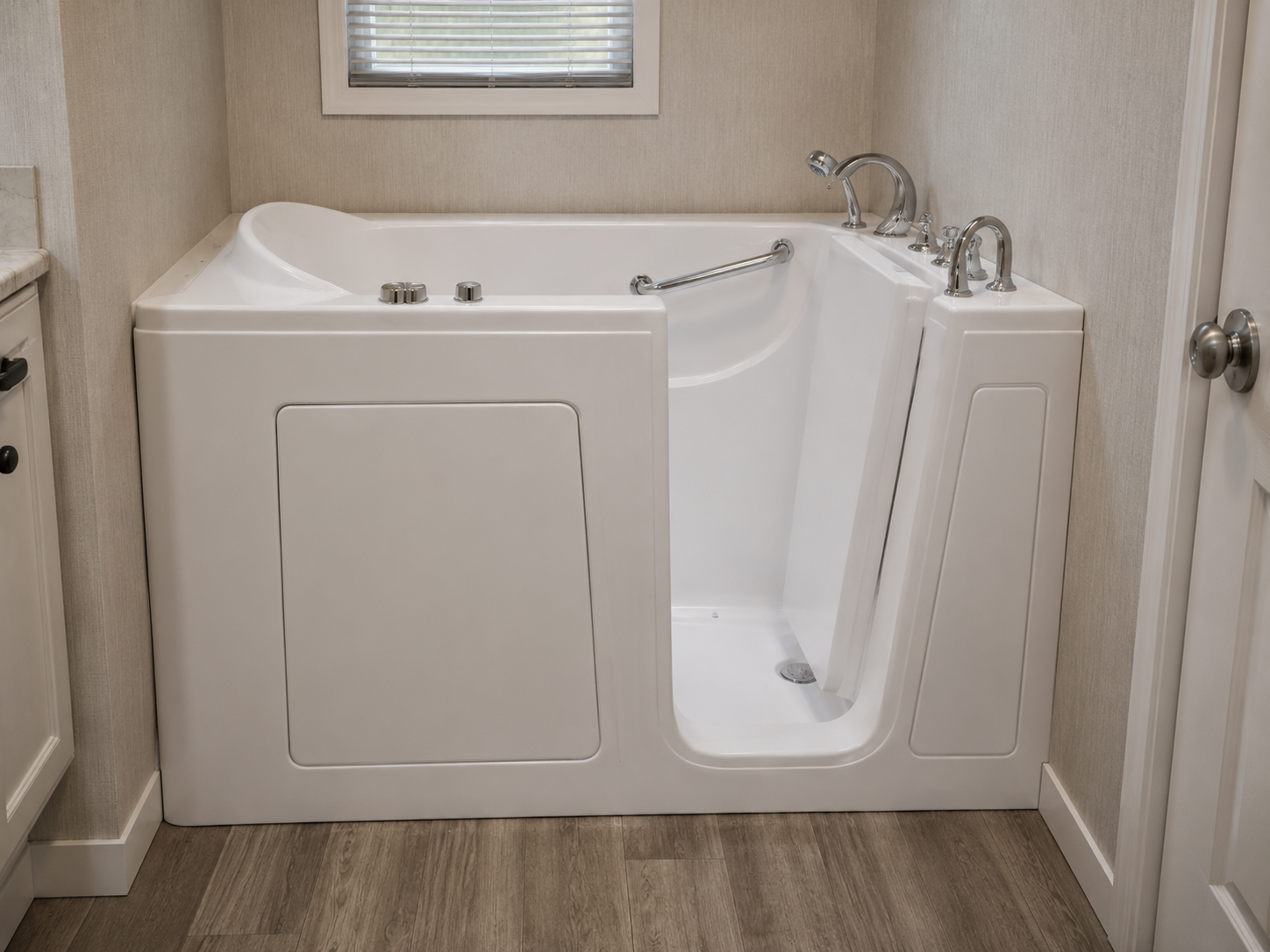 Walk-in tub with door, seat, and grab bars for accessible bathing