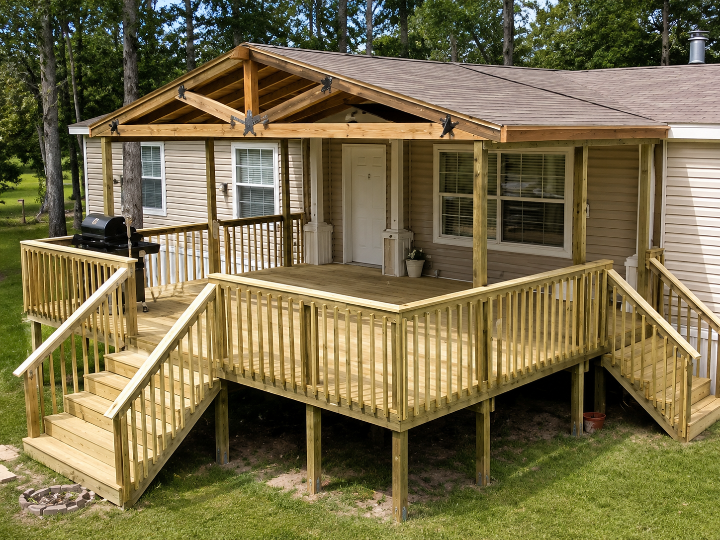 Covered porch and deck built on a mobile home in the Inland Valley