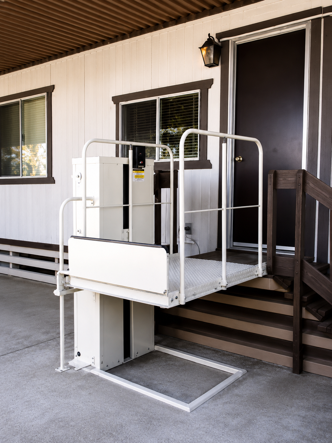 Wheelchair access lift installed at a mobile home entry
