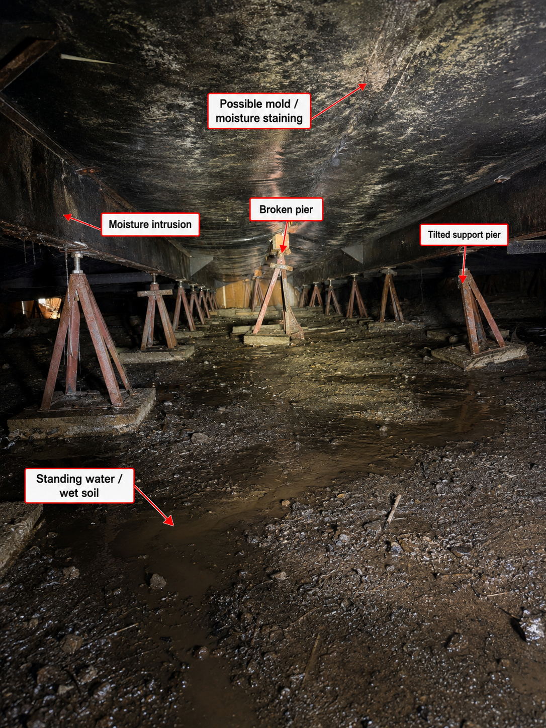 Annotated photo of moisture, broken piers, and tilted supports under a settled mobile home