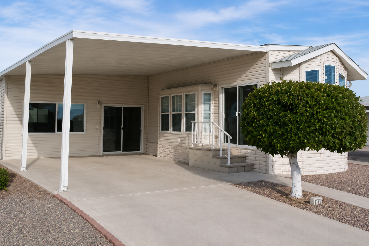 White metal carport and awning installed on a mobile home