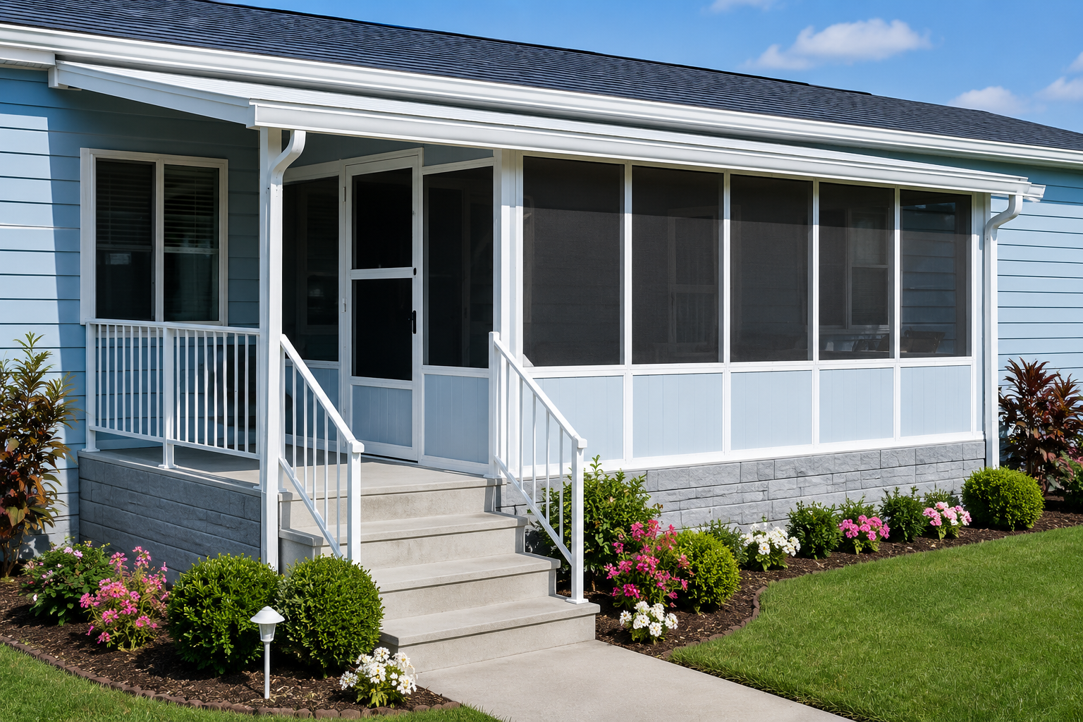 Sun room addition with new windows and glass panels on a mobile home