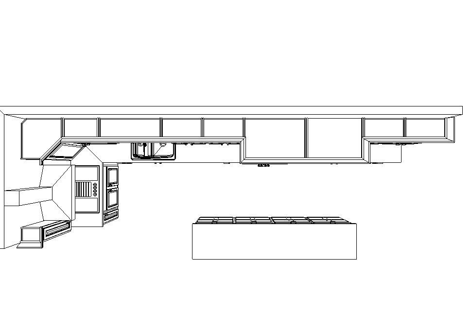 3D line drawing of a mobile home kitchen layout with island