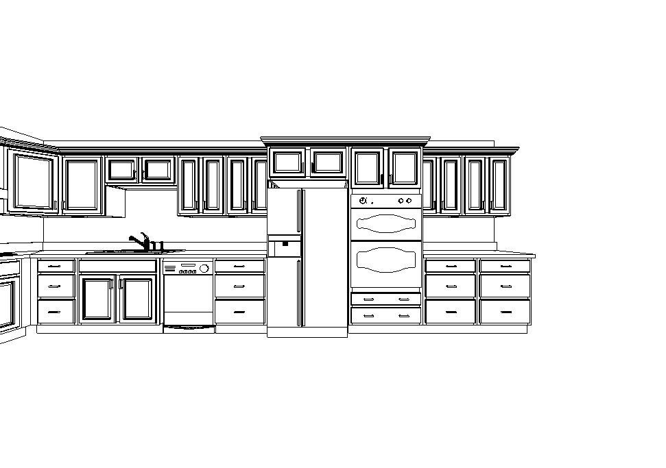 Elevation drawing of kitchen cabinets, sink, and appliances