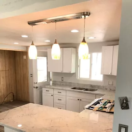 Mobile home kitchen remodeling Work with designing lights | Cal Star Mobile Home Construction