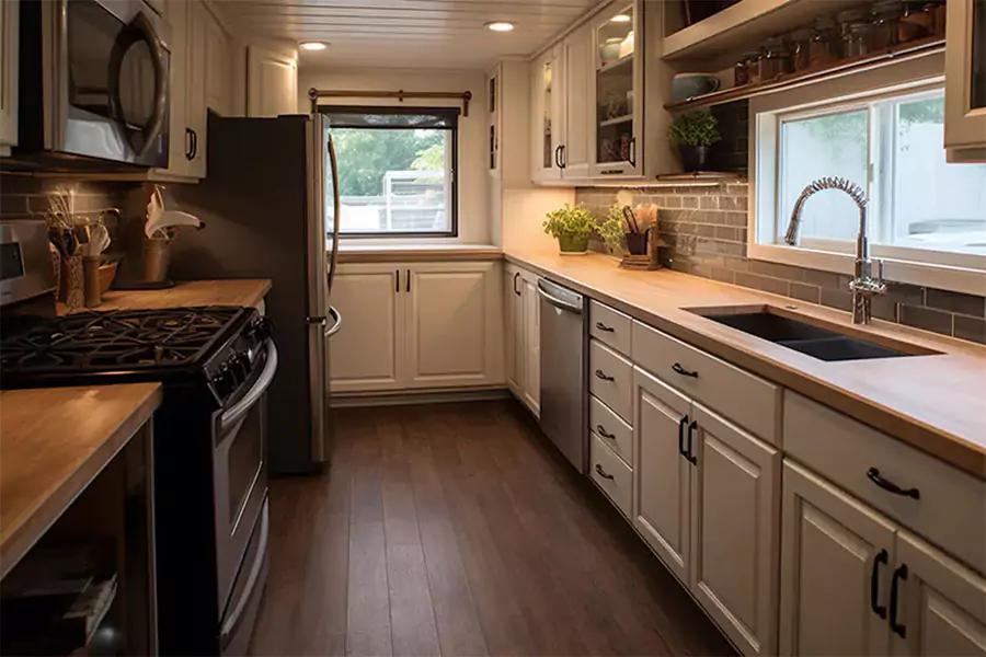 Modern mobile home kitchen with sleek wooden countertops, stainless steel appliances, and bright natural lighting in Los Angeles County.