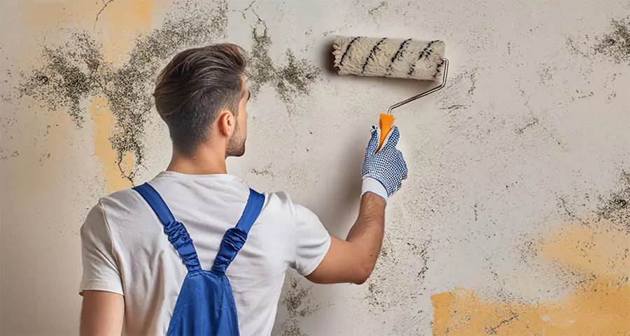 Painter using roller to repaint wall, improving home interior and covering stains