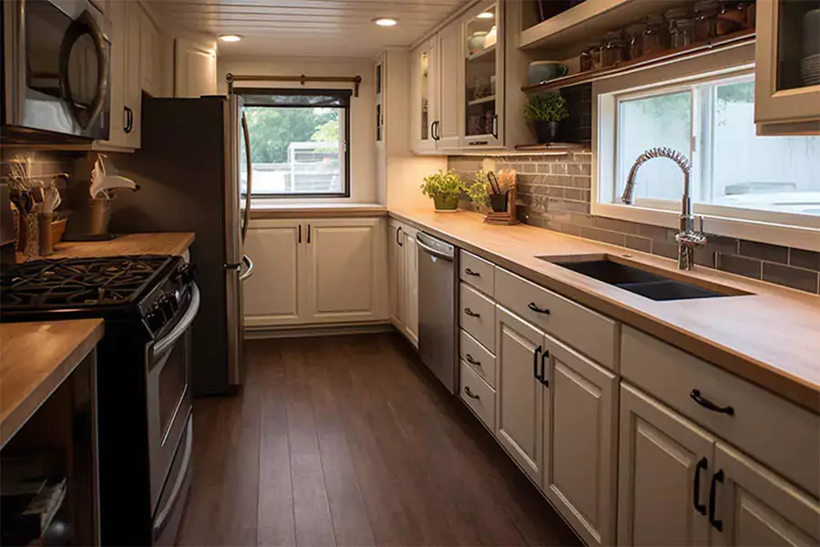 Modern mobile home kitchen with white cabinets, wood countertops, and stainless steel appliances.