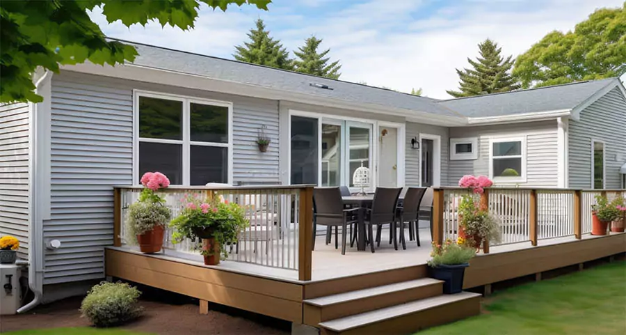 Beautifully maintained wooden patio deck attached to a mobile home with outdoor seating—tips for preparing mobile home patios for spring in LA County.