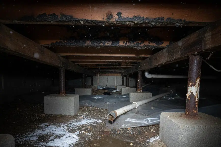 Moist crawl space under a mobile home showing standing water, damp soil, and support piers affected by moisture