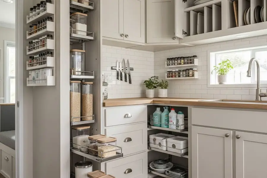 Custom mobile home kitchen storage with pull-out pantry, deep drawers, and full-height cabinets designed to maximize space during a kitchen renovation in Escondido, CA.