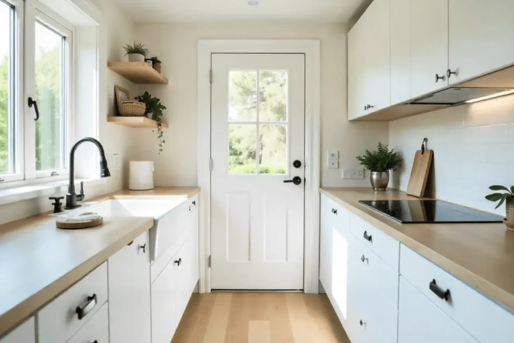Space-saving mobile home kitchen with slim countertops, white cabinets, open shelves, and natural light in a modern Escondido renovation.