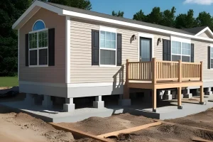 A manufactured home raised and supported on new concrete piers during a foundation leveling project in Irvine, California. The mobile home foundation is being repaired and stabilized for long-term durability and safety.