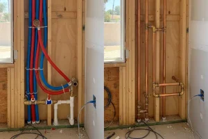 PEX vs copper plumbing installation in Orange County mobile home wall showing water supply lines and pipe material comparison
