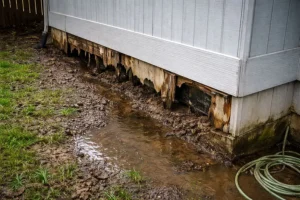 mobile home foundation water damage with rotting wood supports and standing water causing soil erosion and structural issues