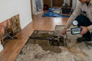 Technician inspecting slab leak under mobile home floor in Orange County using pressure gauge and leak detection equipment