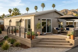 Modern mobile home with a covered composite deck and outdoor seating area in Los Angeles County, showcasing popular mobile home deck styles and outdoor living design ideas