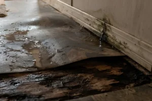 Water-damaged flooring with warped, lifted material and rotting wood underneath, showing signs of a serious moisture or plumbing leak problem.