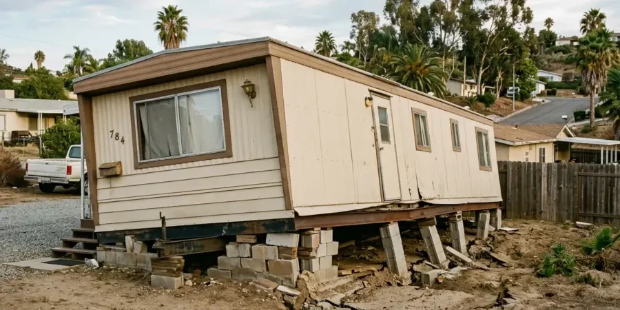 Unlevel mobile home with foundation settling and damaged support piers in Riverside County near Oceanside, CA