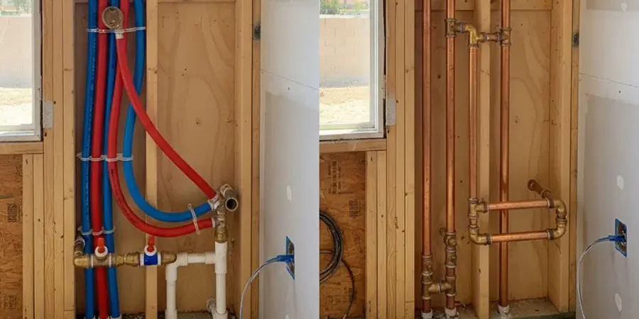PEX vs copper plumbing installation in Orange County mobile home wall showing water supply lines and pipe material comparison