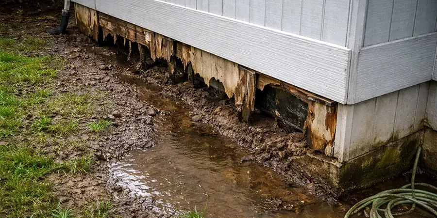 mobile home foundation water damage with rotting wood supports and standing water causing soil erosion and structural issues