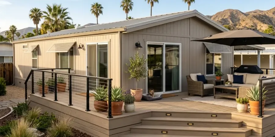 Modern mobile home with a covered composite deck and outdoor seating area in Los Angeles County, showcasing popular mobile home deck styles and outdoor living design ideas