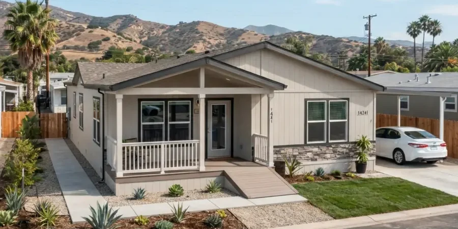 A newly built single-story mobile home featuring a covered front porch, modern exterior, landscaped front yard, paved driveway, and scenic mountain views.