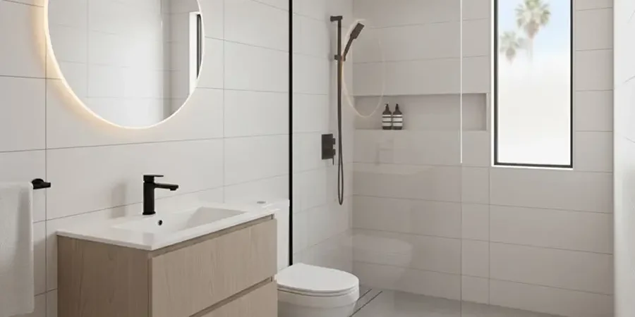 Modern mobile home bathroom remodel in Huntington Beach with walk-in glass shower, floating vanity, and space-saving layout for improved comfort and storage