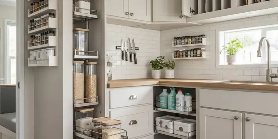 Custom mobile home kitchen storage with pull-out pantry, deep drawers, and full-height cabinets designed to maximize space during a kitchen renovation in Escondido, CA.