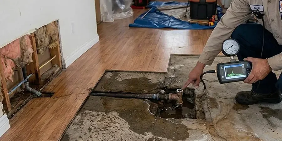 Technician inspecting slab leak under mobile home floor in Orange County using pressure gauge and leak detection equipment