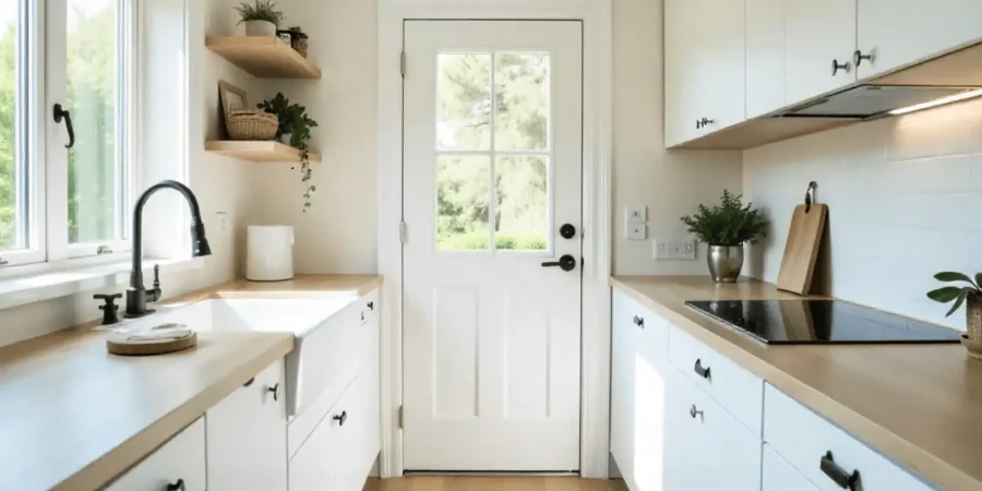 Space-saving mobile home kitchen with slim countertops, white cabinets, open shelves, and natural light in a modern Escondido renovation.