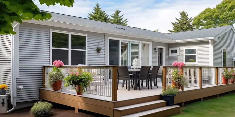 Beautifully maintained wooden patio deck attached to a mobile home with outdoor seating—tips for preparing mobile home patios for spring in LA County.