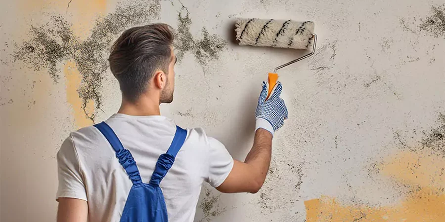 Painter using roller to repaint wall, improving home interior and covering stains