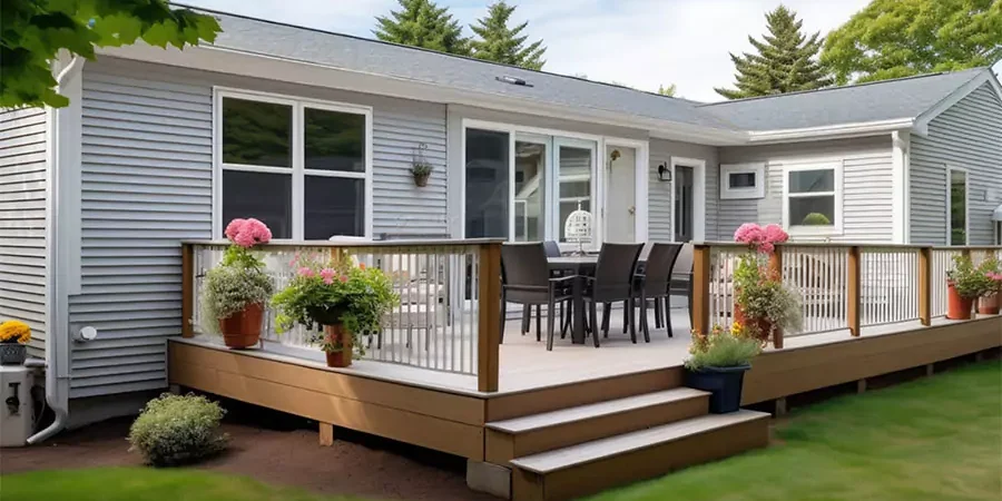 Modern mobile home deck with wood railing, potted plants, and outdoor dining set in Los Angeles County, California