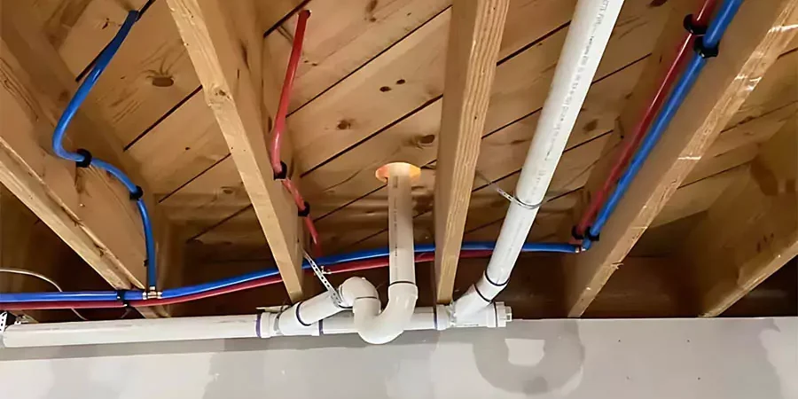 Exposed plumbing pipes and PEX water lines installed in the ceiling of a mobile home.