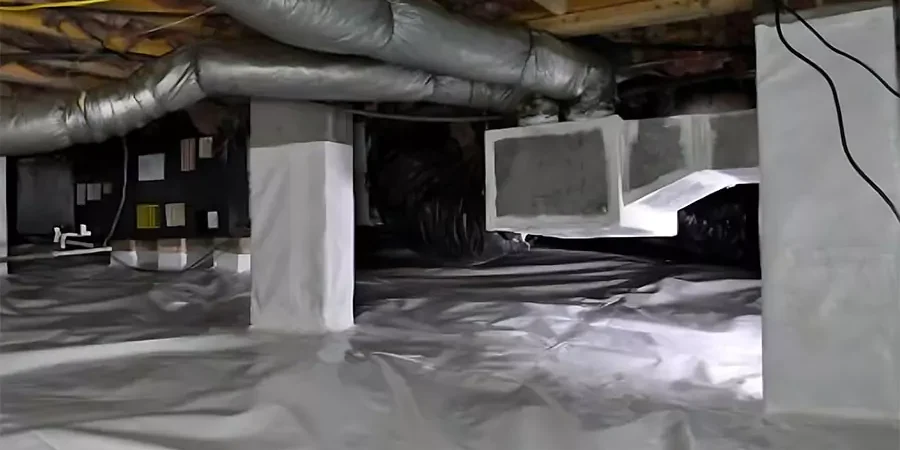 Encapsulated crawl space with vapor barrier, insulation, and ductwork in mobile home foundation to prevent soil erosion and moisture damage in Irvine, CA.