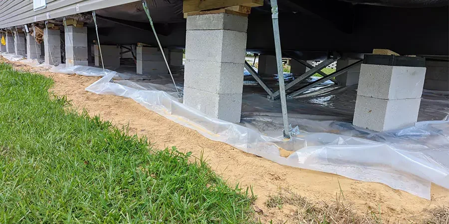 a mobile home foundation system with concrete block piers, metal support braces, and a plastic vapor barrier to protect against ground moisture—an example of mobile home foundation repair and leveling in Los Angeles, CA.