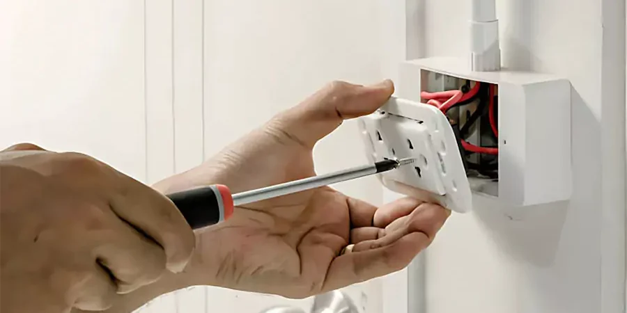Close-up of hands using a screwdriver to install or repair an electrical outlet, emphasizing precision and safety.