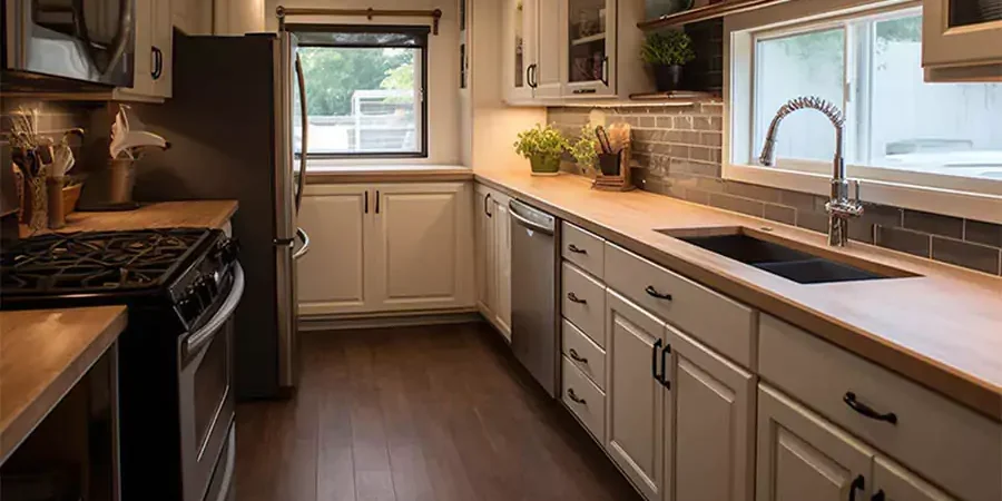 Modern mobile home kitchen with white cabinets, wood countertops, and stainless steel appliances.